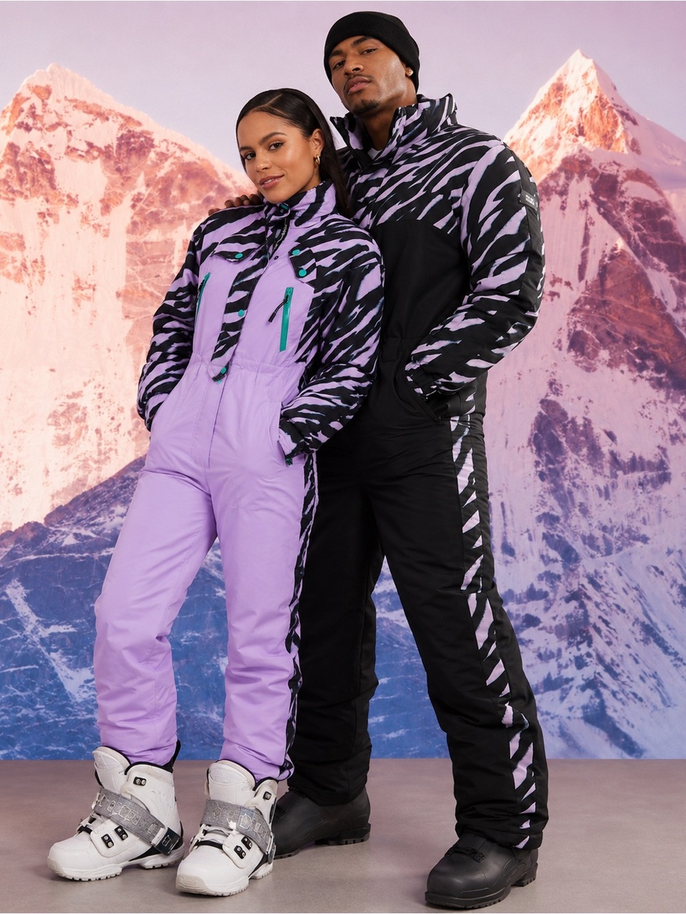 Matching Lavender & Black One-Piece Ski Jumpsuits